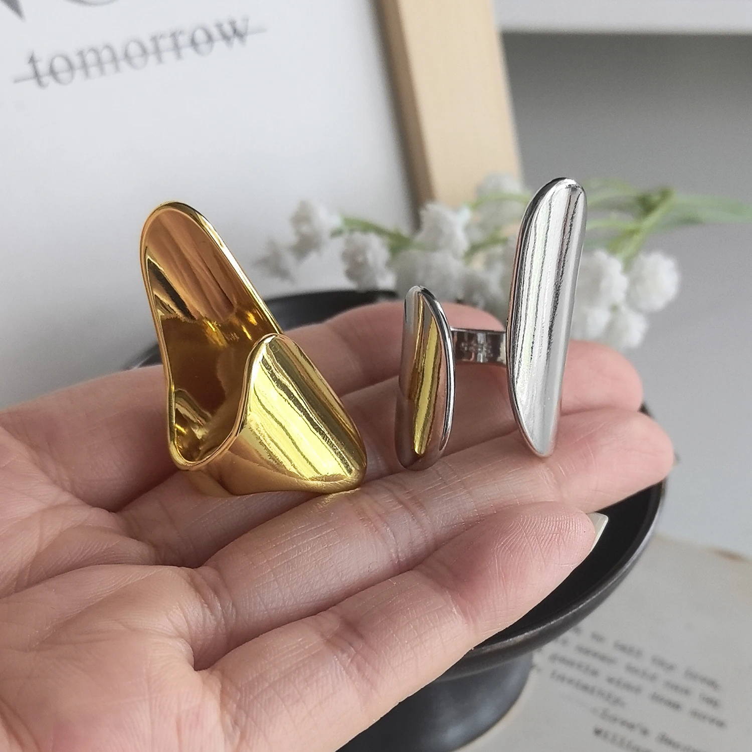 

925 Sterling Silver Open Finger Ring Golden Irregular Geometric Asymmetric Punk Wide For Women Jewelry Gift Dropship Wholesale