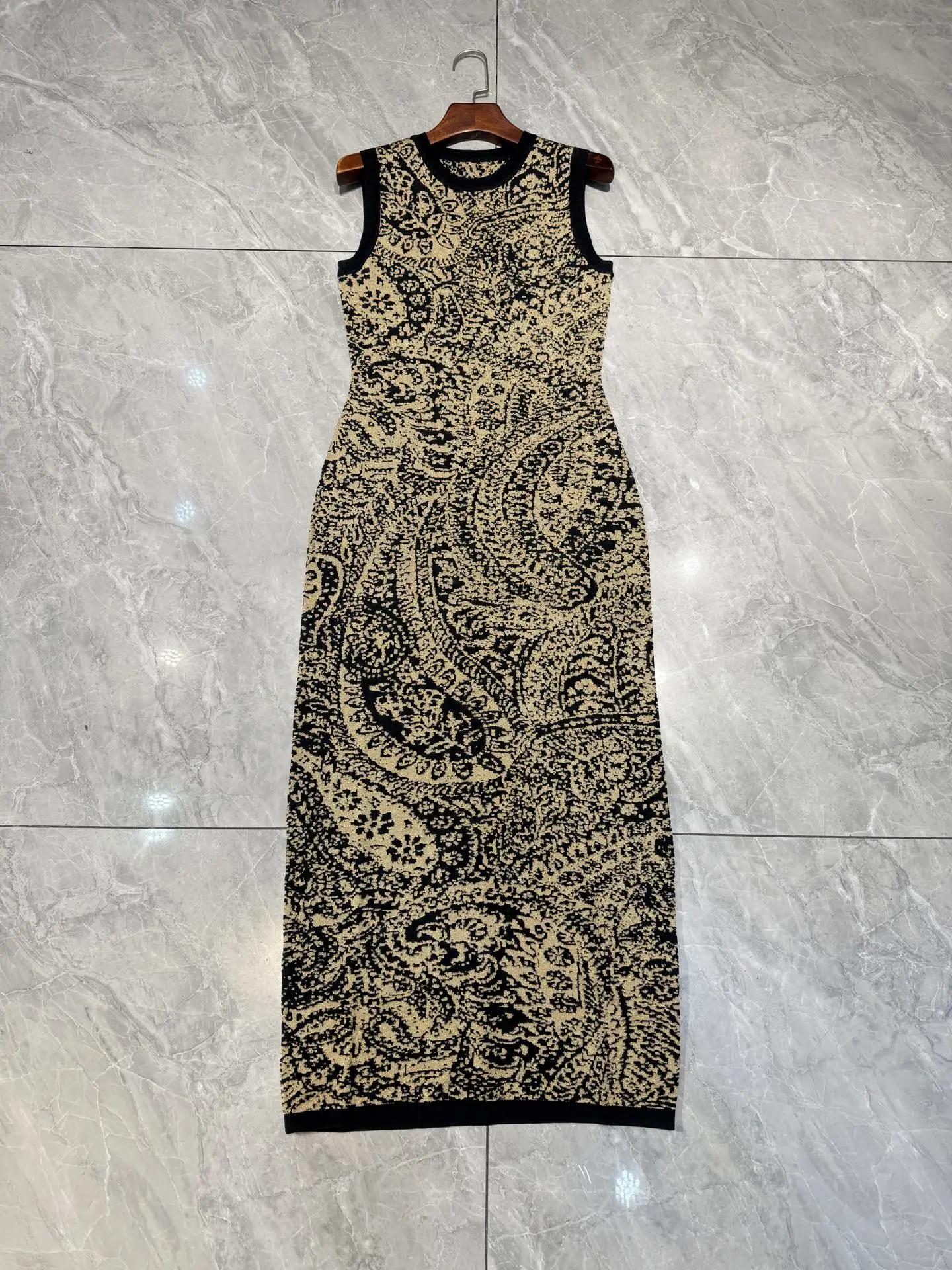 

Women's Retro Print Maxi Dress Sleeveless O-Neck Elegant Ladies Slim Robe