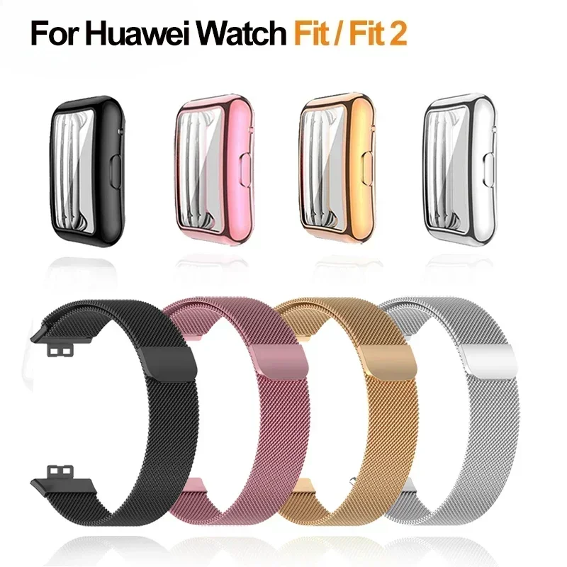 Metal Band For Huawei Watch Fit/Fit 2 Strap With Case TPU Screen Protector Watch Fit Bracelet Milanese Magnetic Loop Watchband