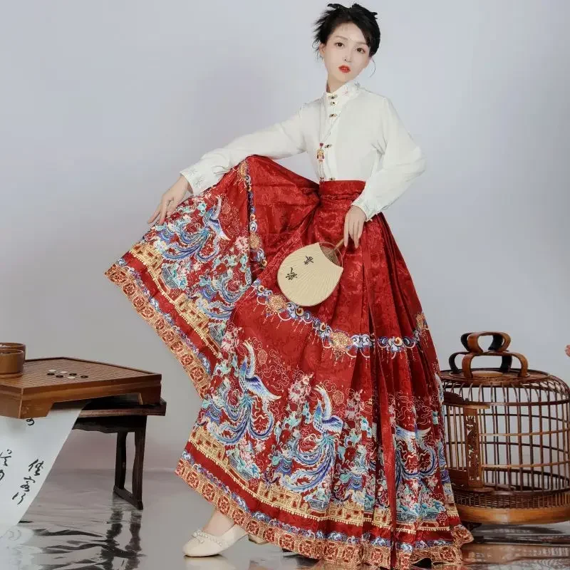 

Китайское традиционное женское платье Hanfu, белый топ с перекрестным воротником, красная юбка с рисунком Феникса и лошади, китайская женская одежда
