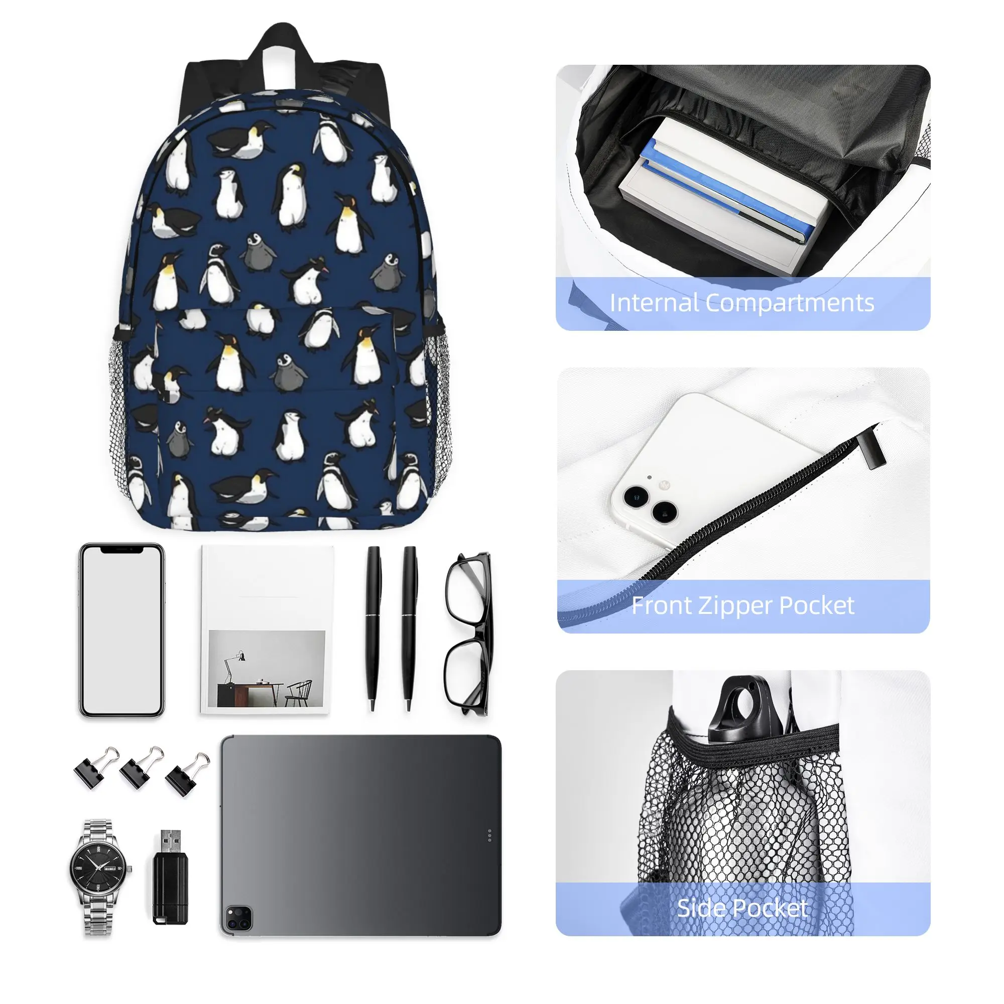 Cute Penguin Pattern Dark Blue Variant Backpack Hot Sale Daypack Boys Girls BookBag Shoulder Bags for Men Women School Bag