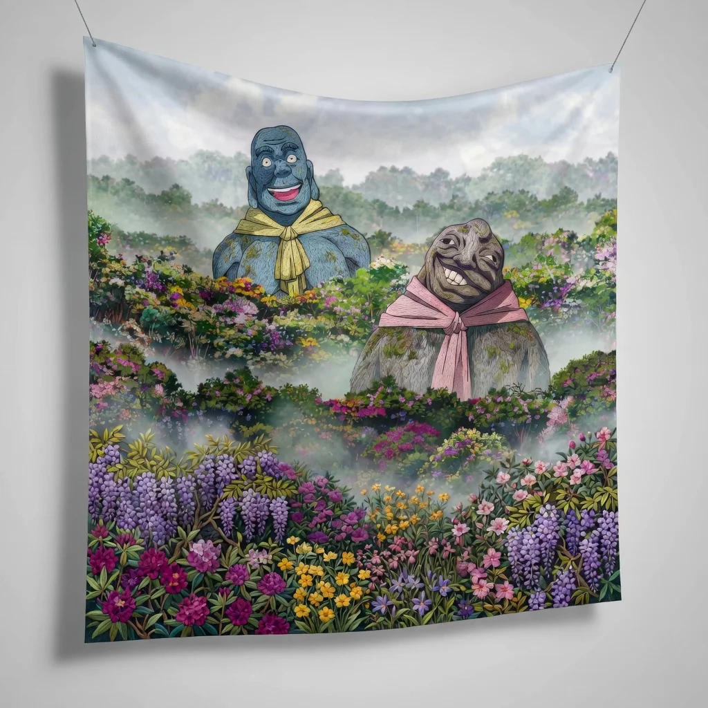 Surreal Flower Garden Tapestry Flat Print Colorful Wisteria Wall Art Giant Statue Meme Decor Aesthetic Bedroom Party Backdrop