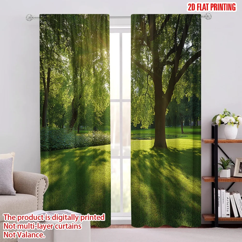 

2Pcs 2D flat printingGreen Curtain Summer Park In Germany Trees Sunlight Forest Nature Scenic Outdoors Suitable For Bedroom