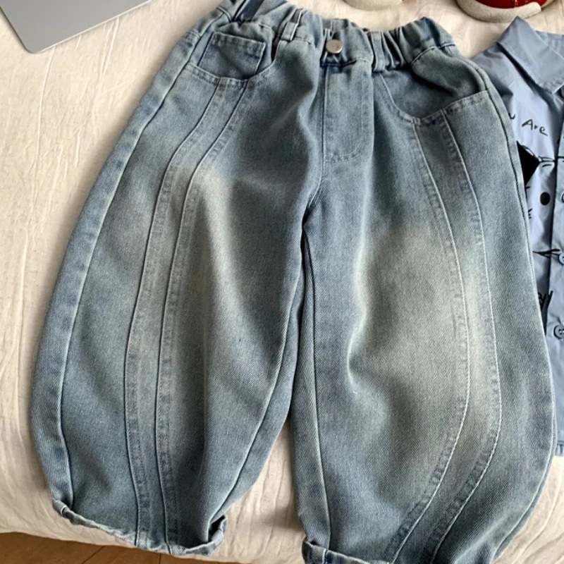 Pants 2026 Spring and Summer New Childrens Wear Korean Boys and Girls Foreign Style Splicing Loose Wide Leg Straight Leg Jeans