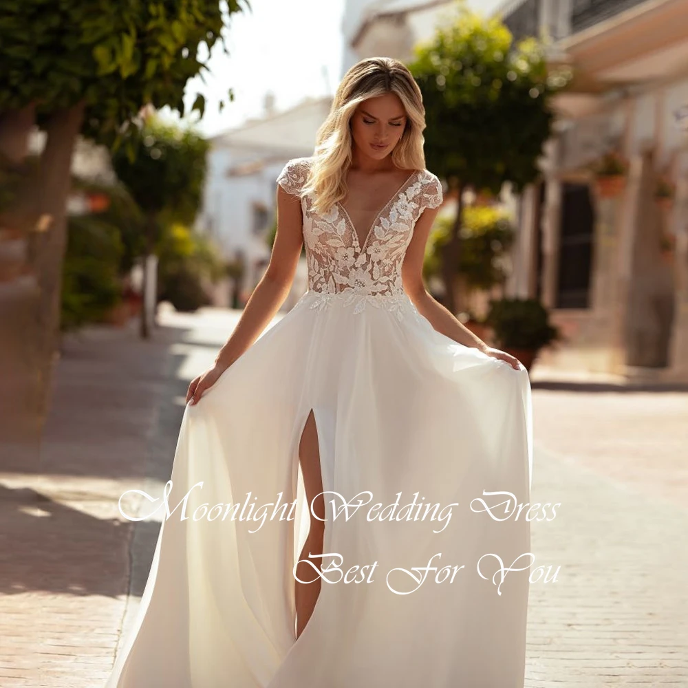 Vestido De Novia elegante De encaje con cuello en V, corte en A, manga casquillo, plisado, lado alto, vestido De Novia personalizado, 2026