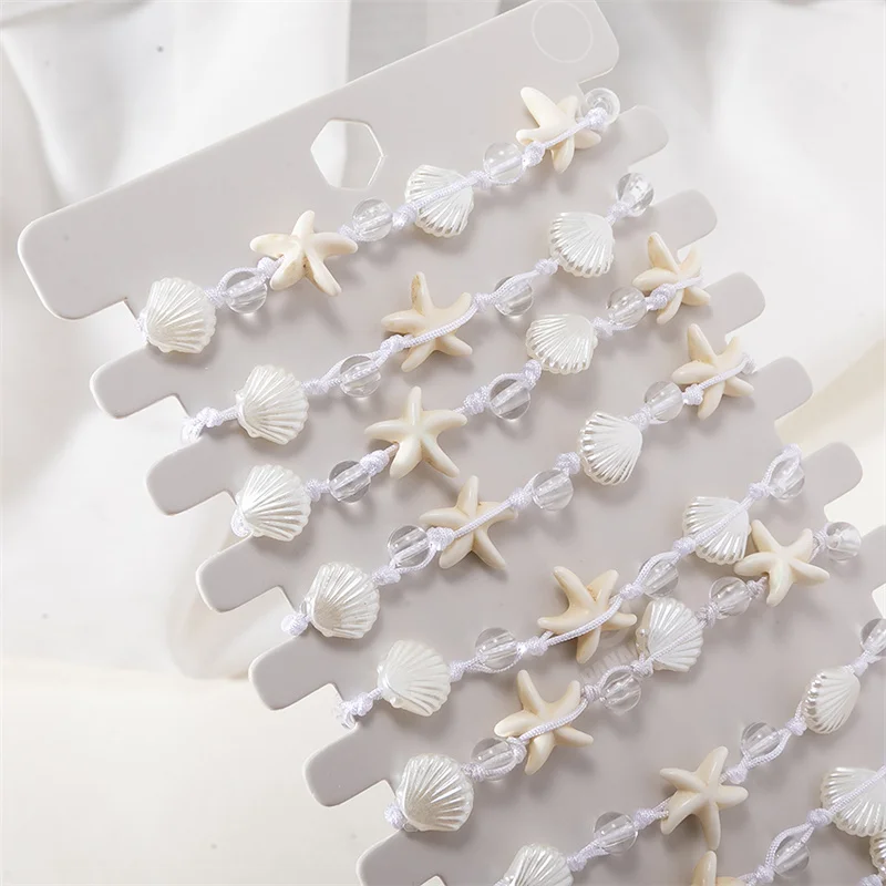 

New Arrival 12pcs/set Shell Starfish Charm Bracelets Set Women Braided Adjustable Chain Anklets Wristband Jewelry Gifts