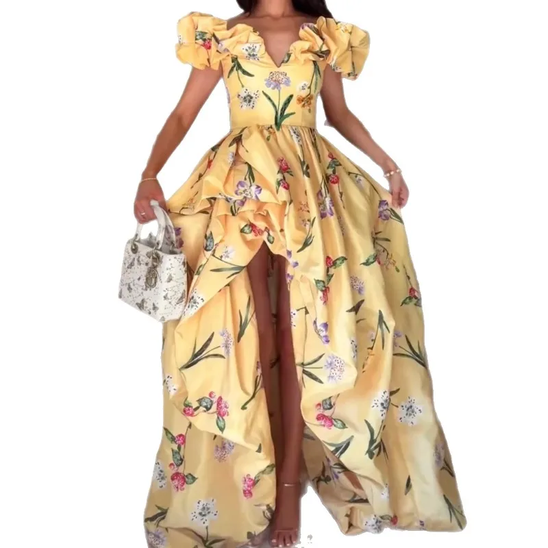 

2025 New Summer French Style Beach Resort Yellow Printed Mini Dress Women's V-neck Sleeveless and Ankle Dress Women Clothing