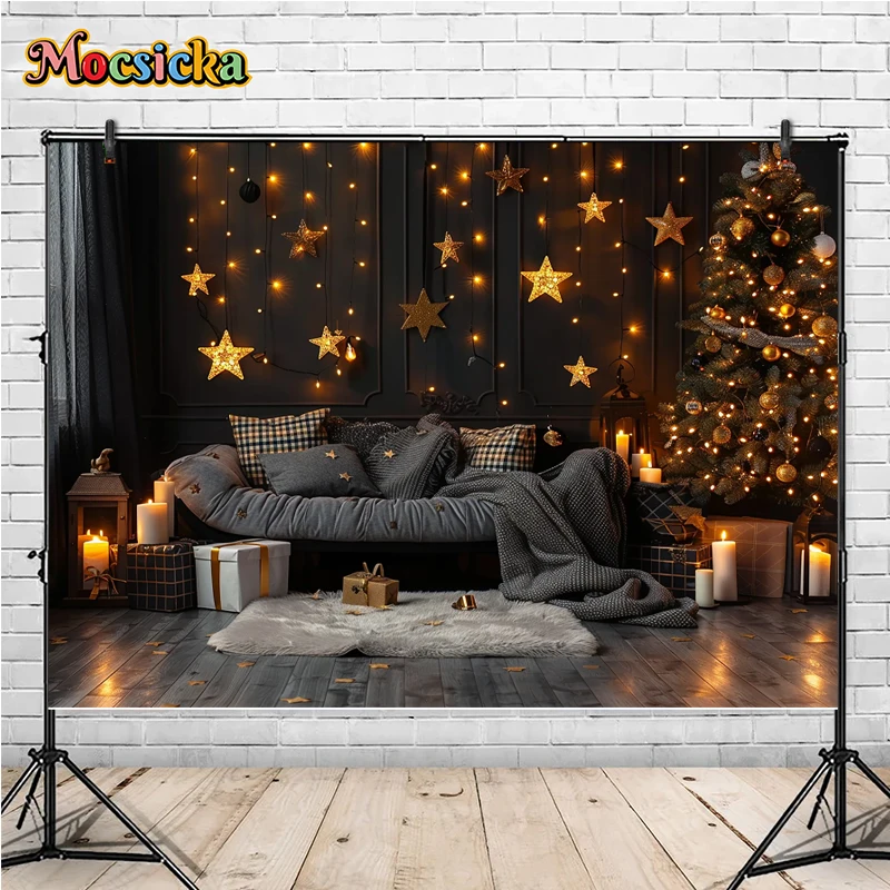 Mocsicka Winter Christmas Photography Background Warm Couch Xmas Tree Holiday Party Family Portrait Photo Backdrops Studio