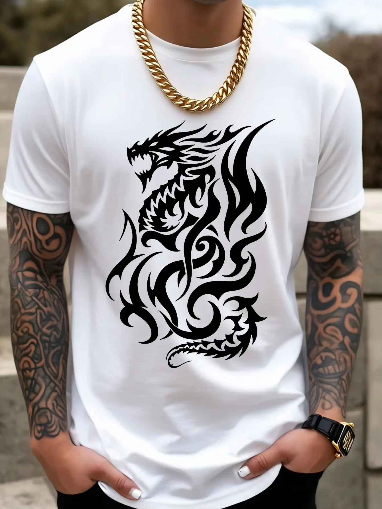 Spring Summer Daily Casual Fashion Oversize Tees 2027 New in Men's T-shirt High Quality Dragon Print Short Sleeve Top