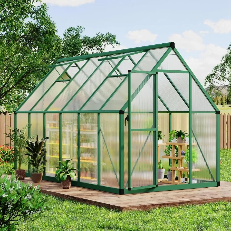 

6x11 FT Outdoor Greenhouse Polycarbonate Greenhouse with Roof Vent and Ground Nails Aluminum Large Walk-in Green House w/ Locka