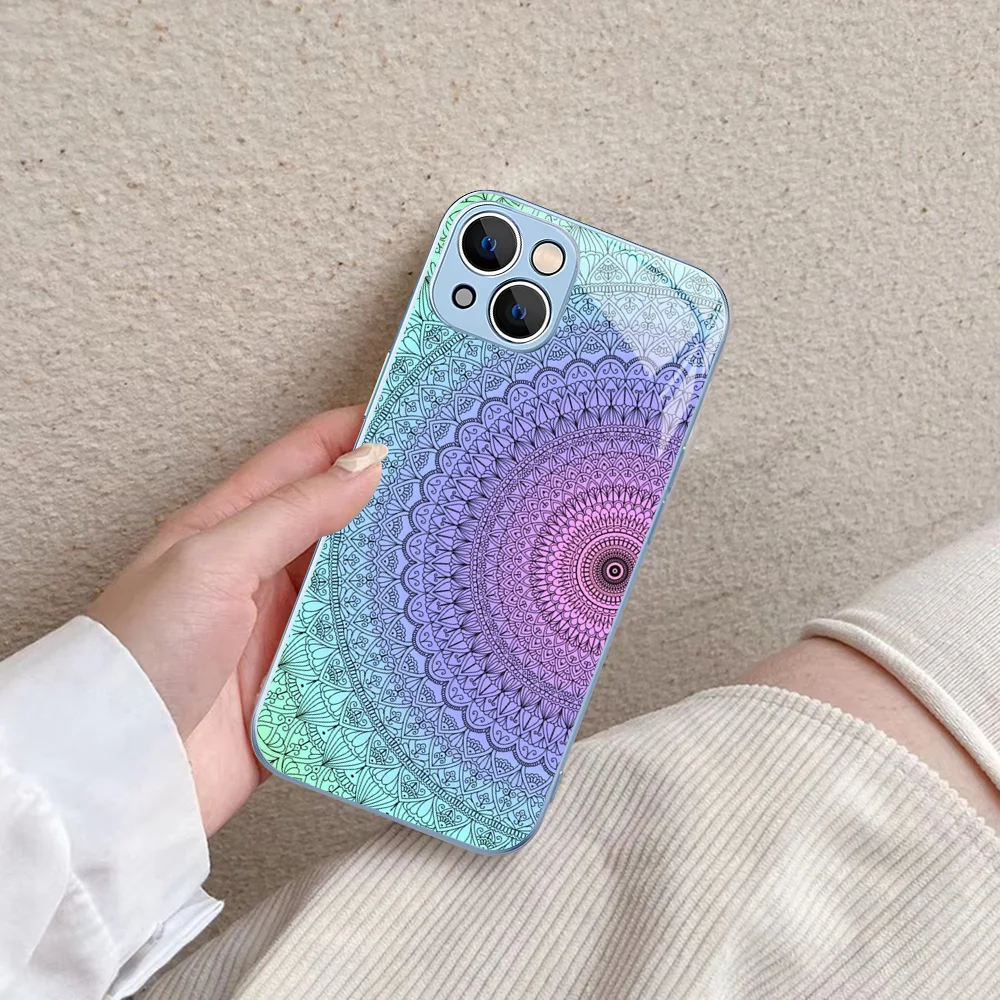 Colorful Mandala Flower Phone Case Tempered Glass For Iphone 14 13 12 11 Pro Mini XS MAX 14Plus X XS XR Fundas image 2