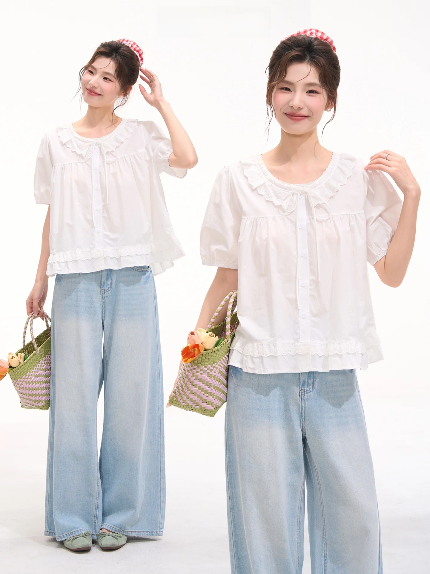 

Sweet Style Lace Trim Short Sleeve round Neck Cotton Shirt Women's Summer Blouse Floral Window Heme Love Diary Top