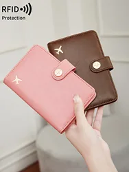 RFID shielded passport holder solid color PU leather credit card wallet multifunctional portable airplane pattern ticket holder