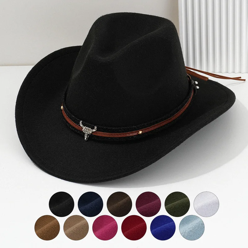 Popular men's and women's unisex felt hat with three-dimensional bull head, brown belt, luxurious British style, vintage fashion