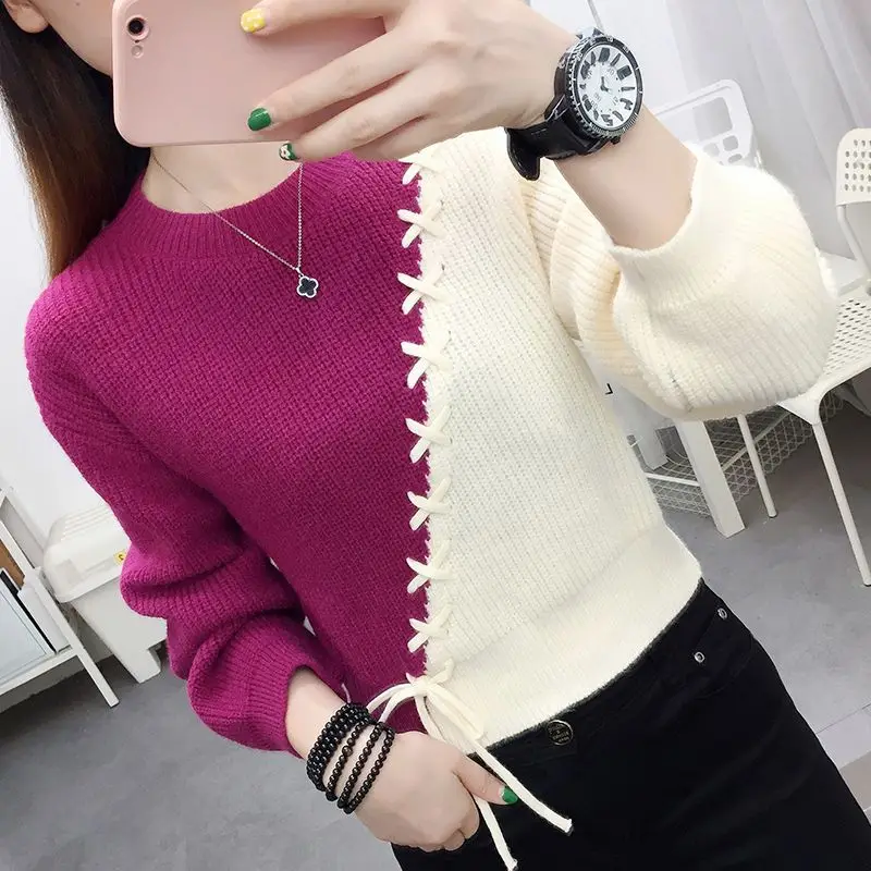 Autumn Winter Fashion Trend Lace Up Spliced Round Neck Sweaters Women\'s Clothing Korean Long Sleeve Contrast Color Knitted Tops