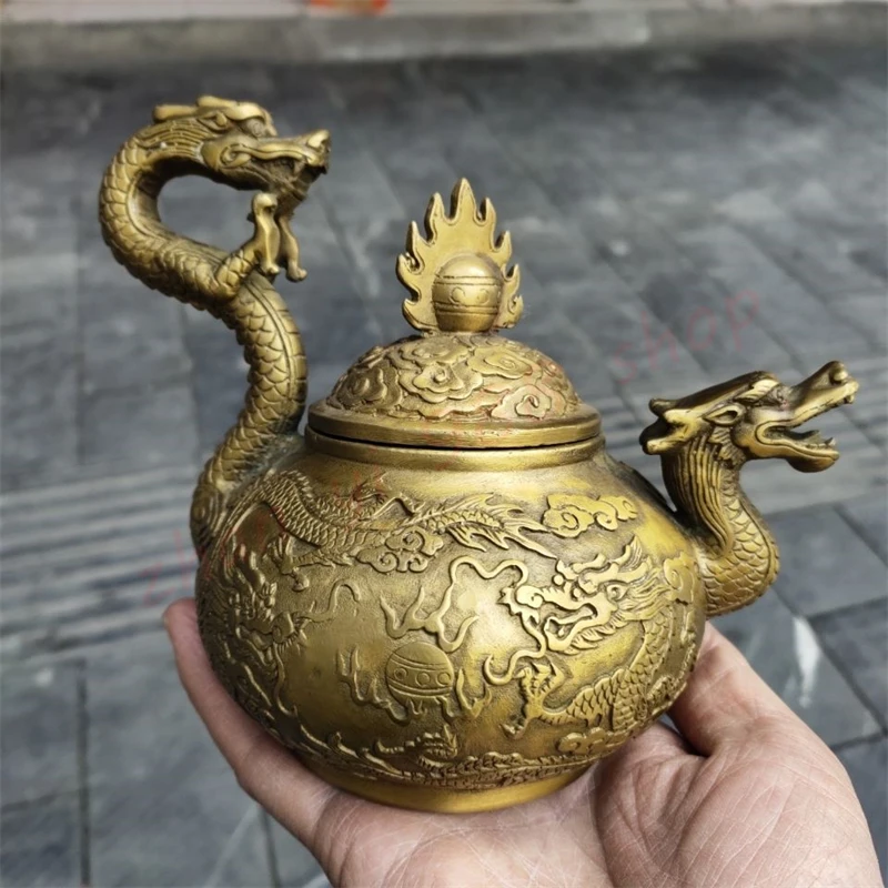 

Yellow bronze dragon handle pot, teapot, kettle, exquisite household auspicious handicraft ornaments