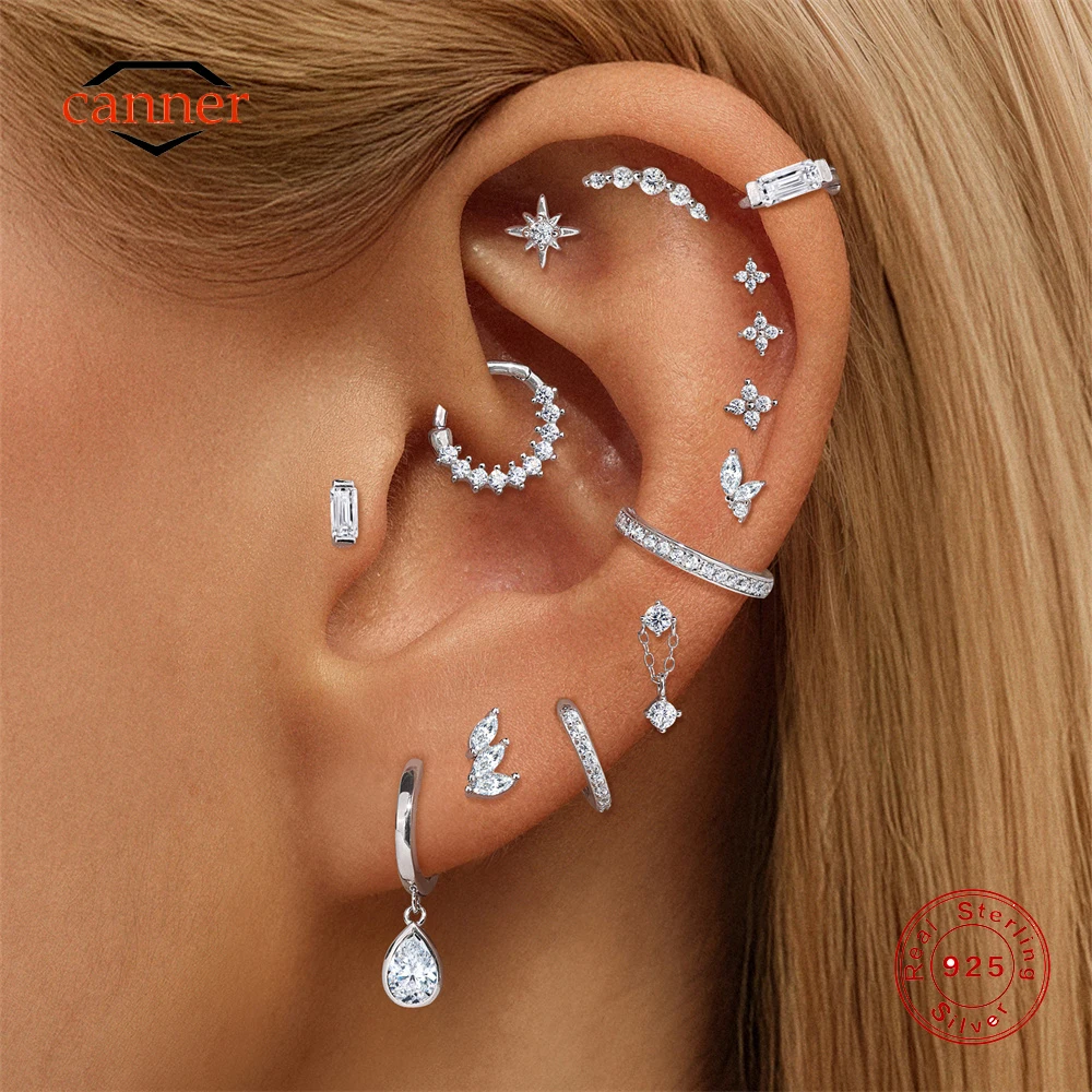 

CANNER 1PC Flwer Moissanite 925 Sterling Silver Piercing Ear Stud For Women Classic Round Circle Stud Earrings Fine Jewelry Gift