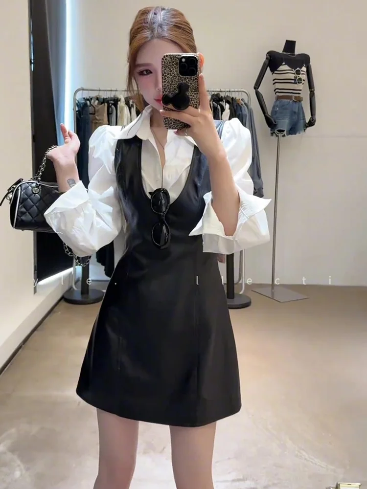 

Early Autumn Fashionable Two-Piece Set Women's Long Sleeve Shirt PU Leather Vest Dress Elegant White Inner Wear French Style