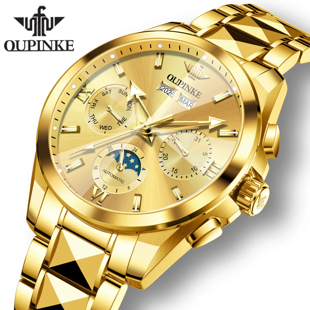 

Мужские автоматические часы OUPINKE 3325 с ромбовидным сапфировым стеклом, вечным календарем, фазами Луны, высококачественные роскошные механические наручные часы