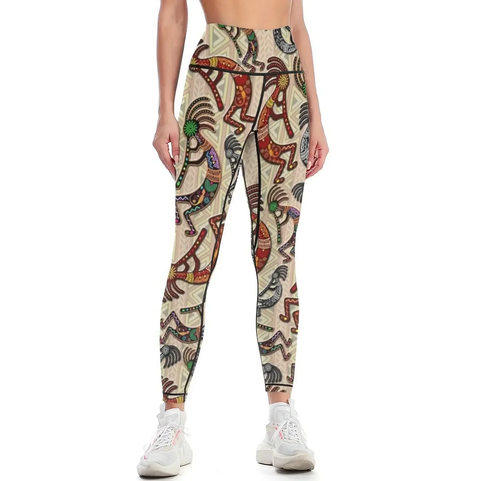 

Kokopelli Rainbow Colors on Tribal Pattern Leggings Jogger pants legging push up sports for Womens Leggings