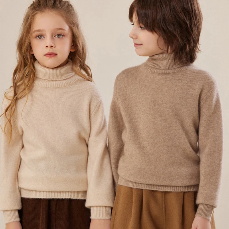 

children's autumn and winter high flip collar100% Pure Wool knitted woolsweater Boys girls warm solid color long sleeved sweater