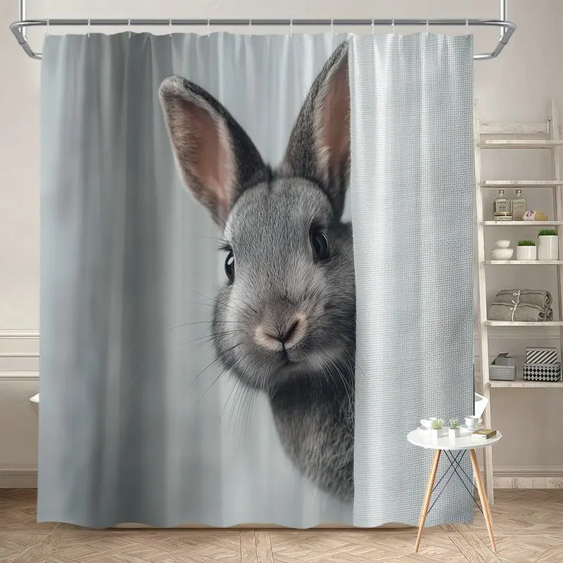 

Realistic Gray Rabbit Peeking Shower Curtain Waterproof Easy to Clean Privacy Protection Print Animal Design Modern Minimalist