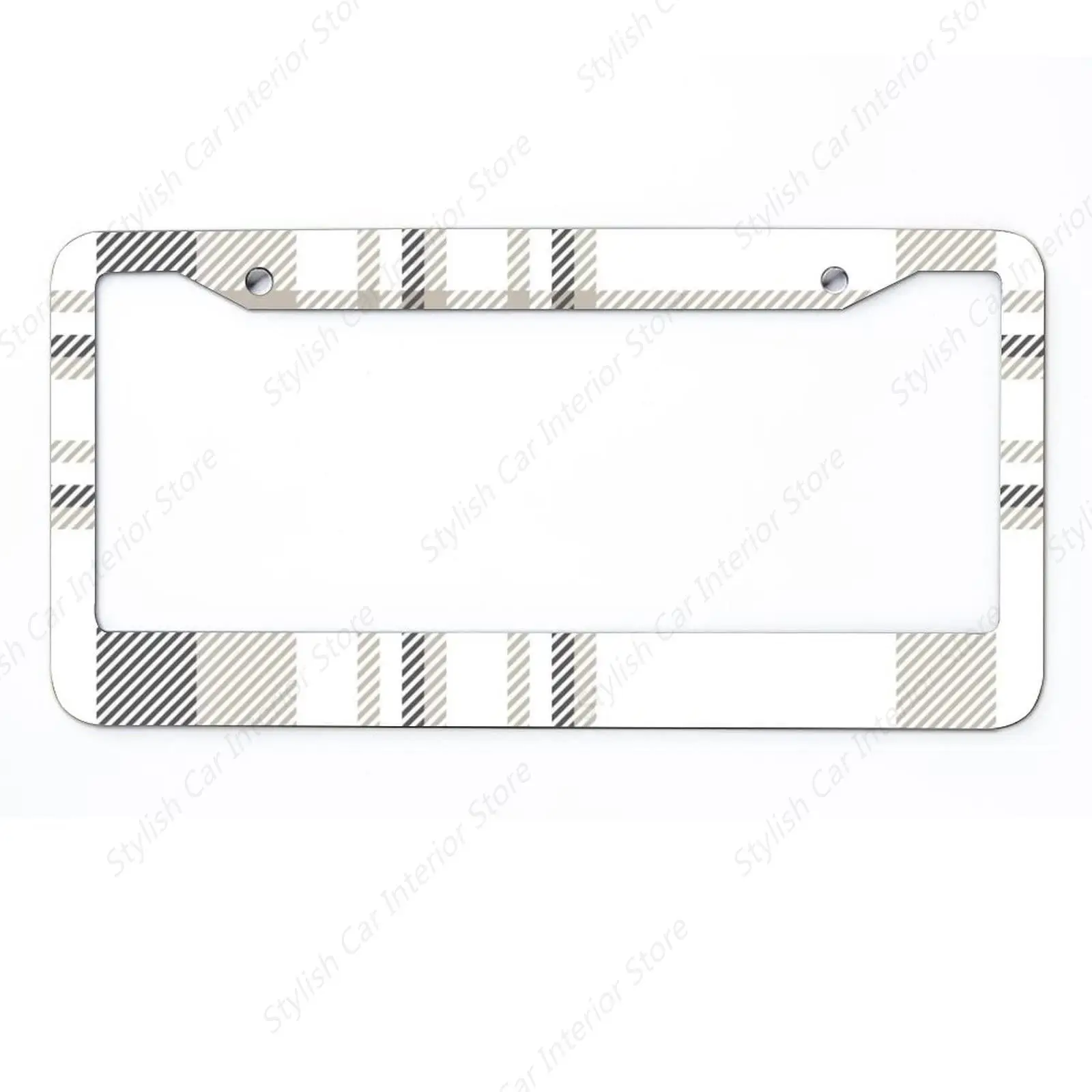 License Plate Frame Car Tag Holder Covers Plaid Pats in Dark Grey, Light Taupe and White Car Licenses Plate Frames