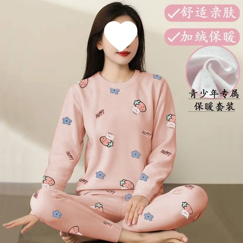 قميص سفلي دافئ مخملي للخريف والشتاء، يرتدي ملابس داخلية دافئة للفتيات، ملابس خريفية غير رسمية برسوم كارتونية، سراويل خريفية، #3