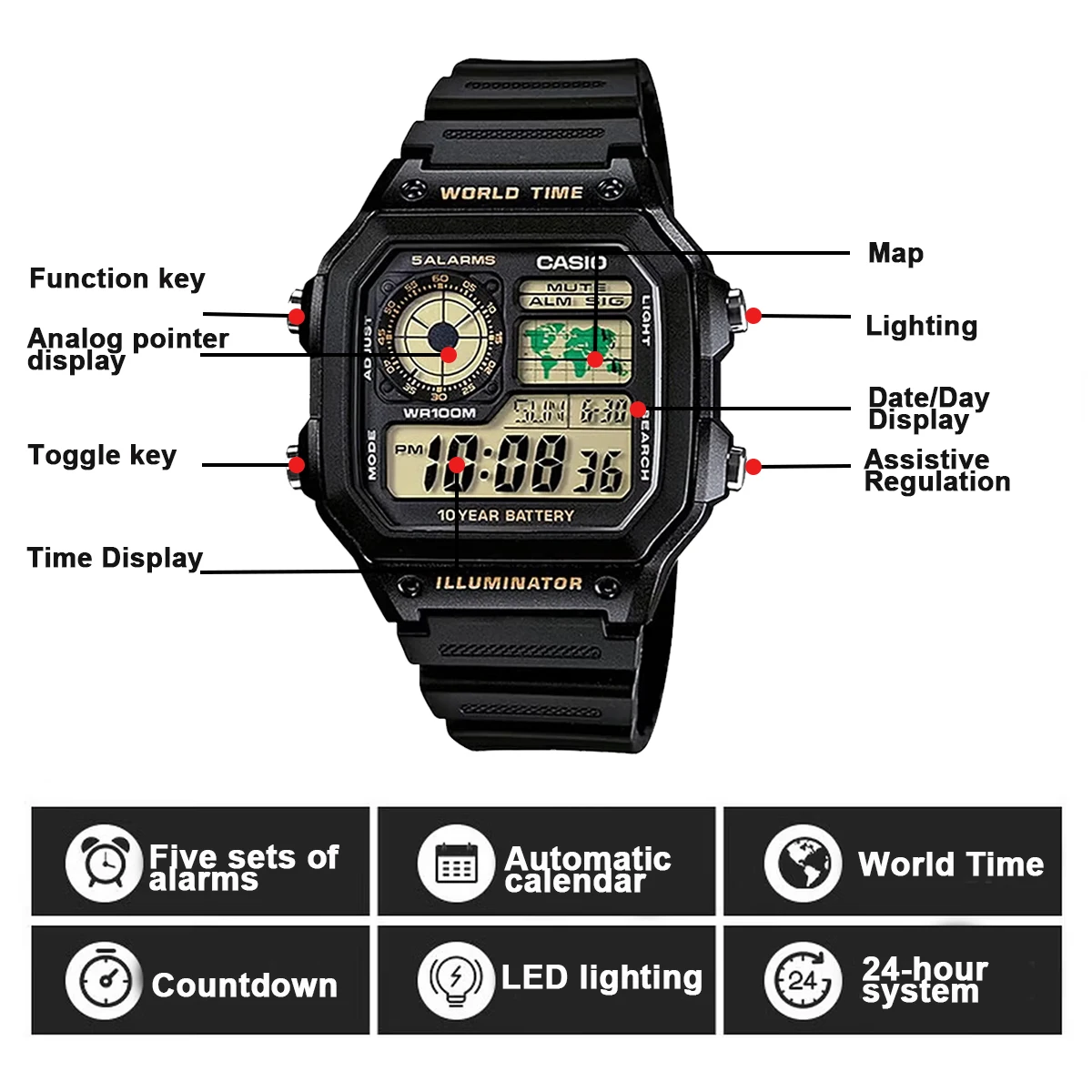 Casio AE1200WH Series | Men's Digital Watch | 100M WR | Multi Alarms | 100 SEC Stopwatch | Countdown Timer | World Map for World