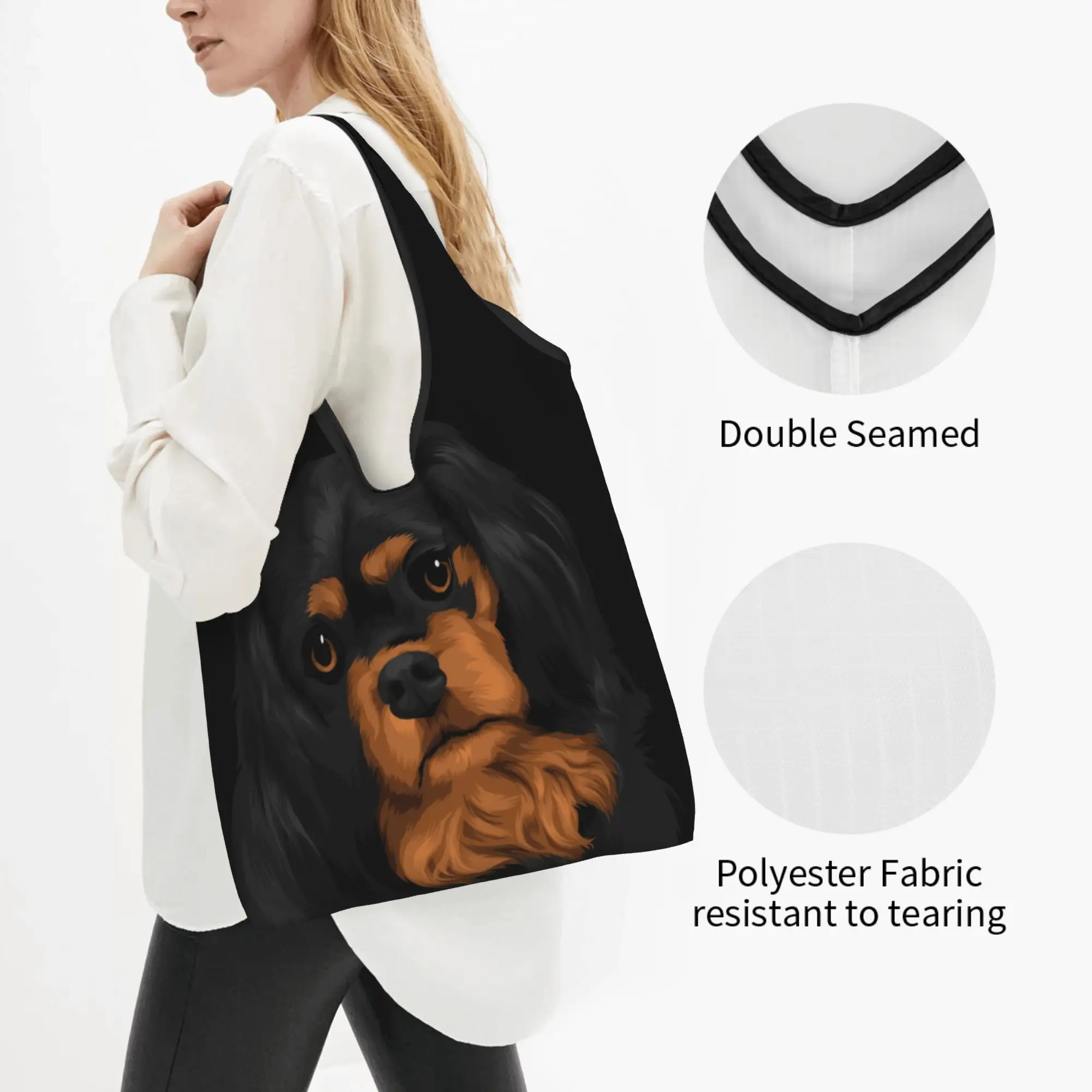 Custom Tilted Black Cavalier King Charles Spaniel Shopping Bags Portable Big Capacity Groceries Dog Lover Shopper Tote Bags
