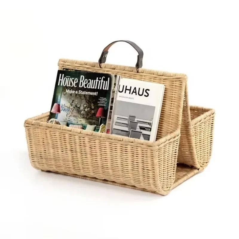 Eco-friendly living room display rack x-shaped folding wood + bookshelf rattan magazine rack