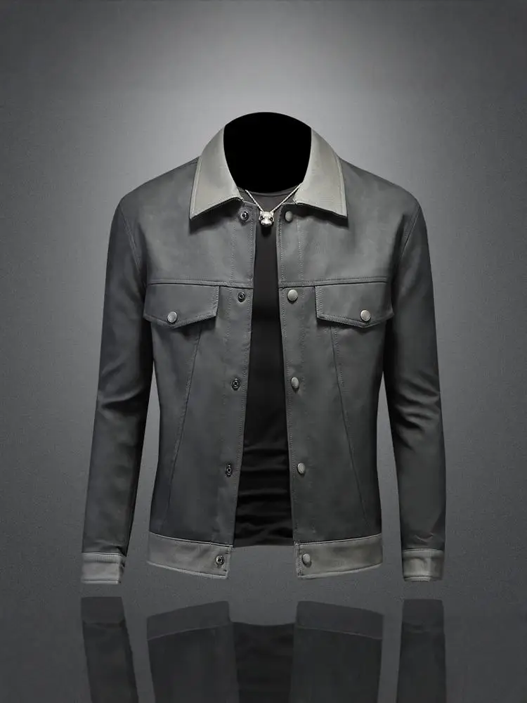 

Men's Soft Leather Jaet Casual Sle Splice Collar Biker Coat Autumn New Faion Trend Brand Color Blo Patchwork Coat