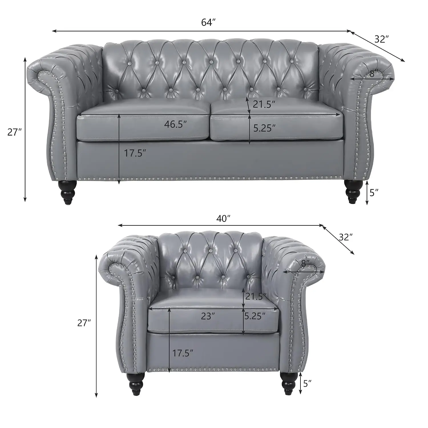 Tufted Faux Leather Loveseat & Accent Chair Set with Nailhead Trim Scroll Arms for Living Room Home, Grey, Customized