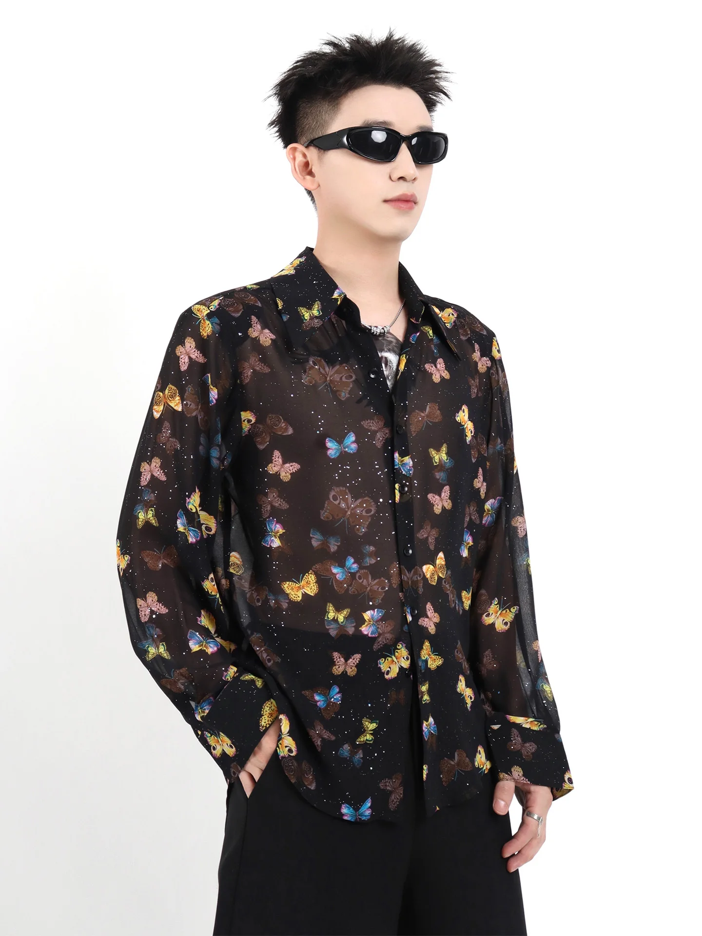Butterfly Print Design Shirts Men's 2025 Summer New High-end Niche Light Luxury Hot Diamond Thin Tops Loose Long-sleeve Shirts