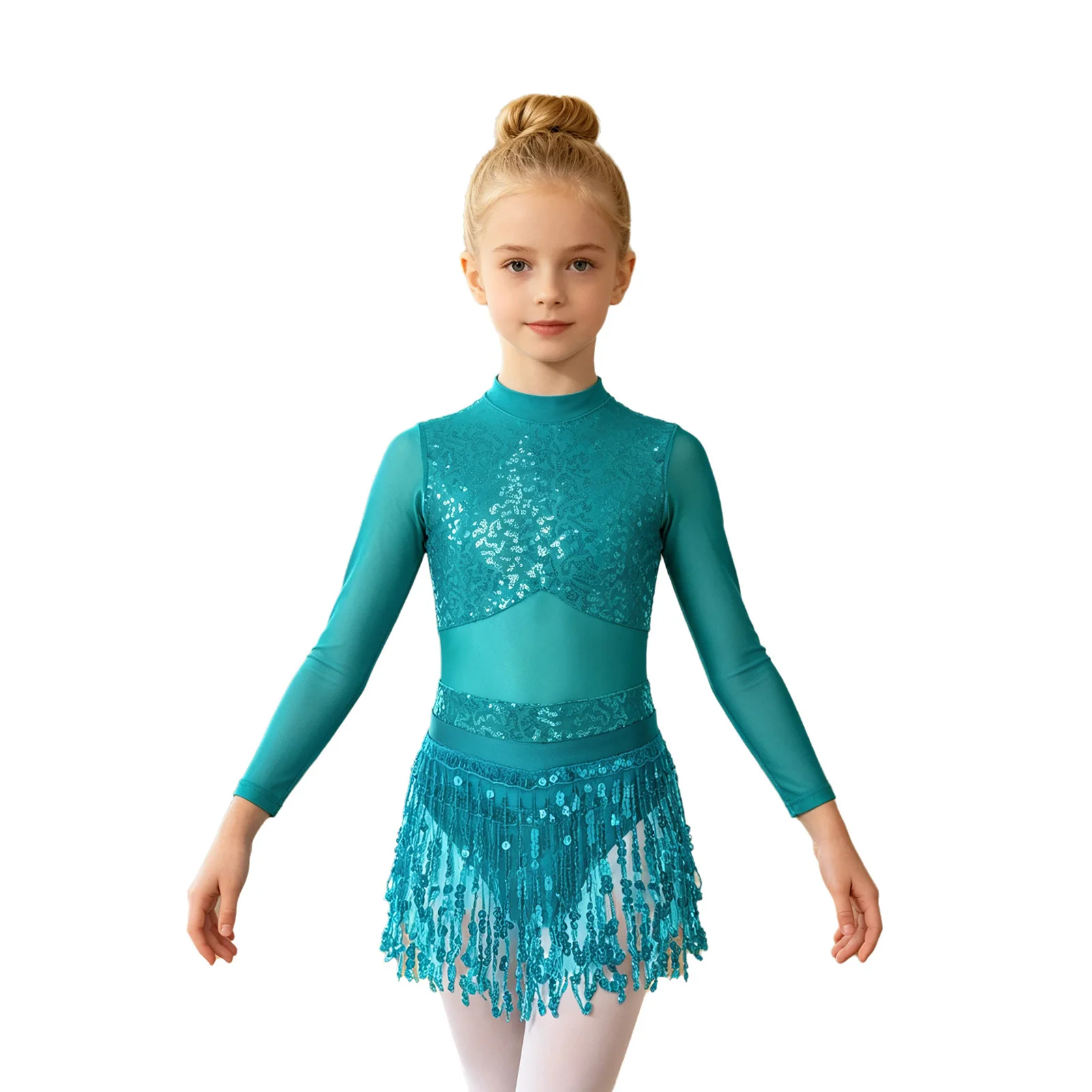 Girls Tassels Latin Jazz Dance Dress Mesh Long Sleeve Shiny Sequin Leotard Figure Skating Ballroom Cha Cha Tango Rumba Dancewear