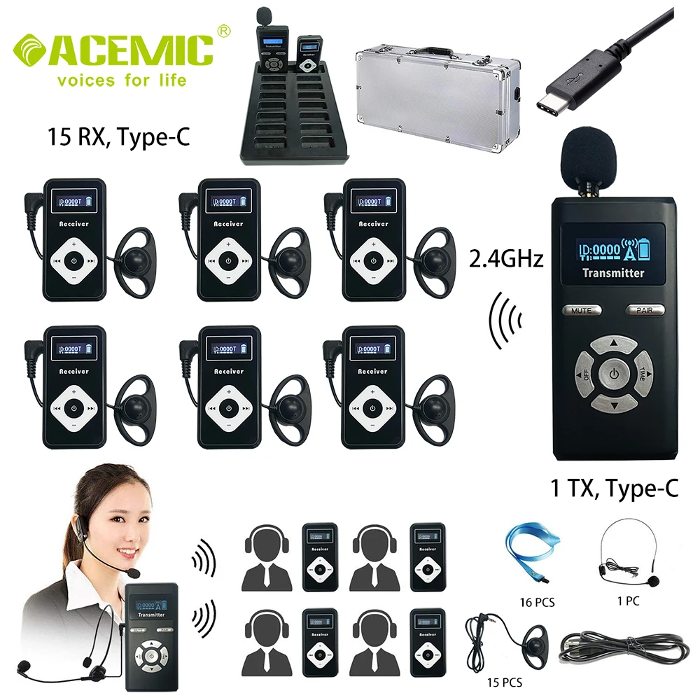 

16PCS Tour Guide System Wireless Audio Tool Equipment Headset Mic for Tourist Museum Church Mosque School Communicate Translate