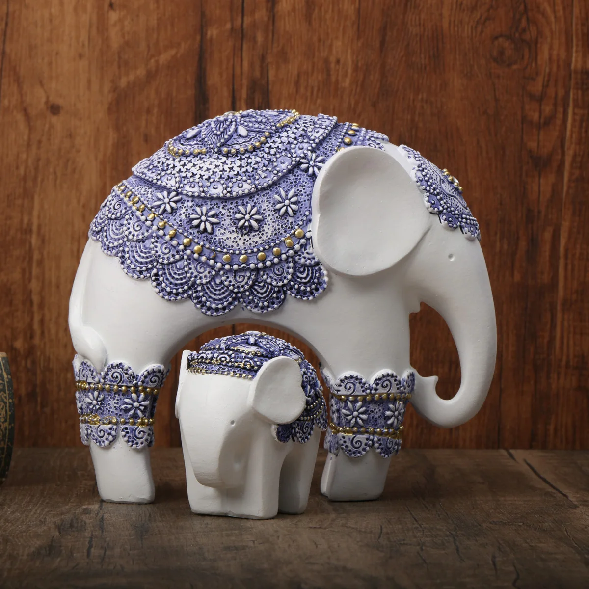 Blue and White Trunk-Up Elephant Sculpture -Prosperity and Good Luck Charm, ldeal Home Décor & Universal Gift