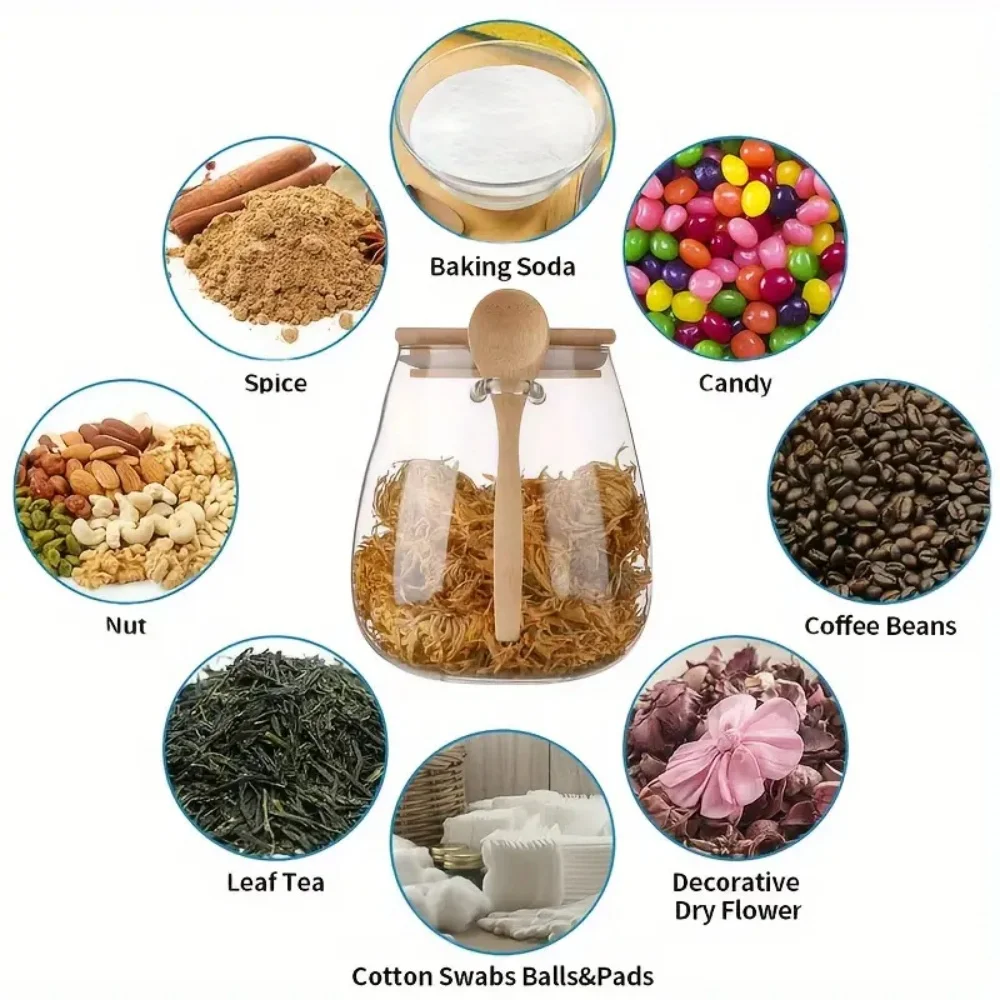 1pc sealed glass 350/600/1000ml jar with spoon and lid Clear Spice jar Small food storage container Sugar jar Tea jar