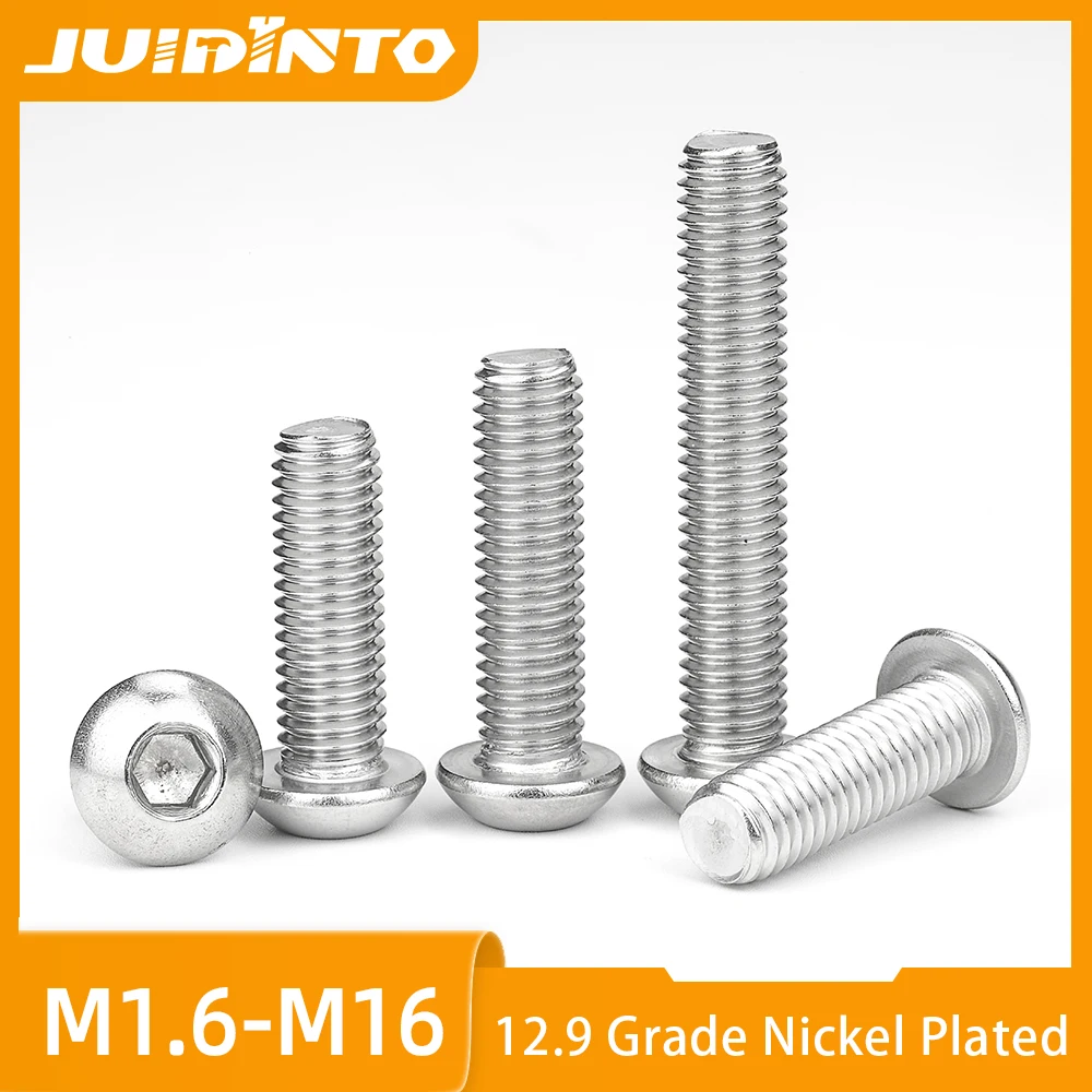 JUIDINTO 10-50pcs Hex Socket Button Head Cap Screw Nickel Plated 12.9 Grade Allen Bolt Machine Screw M1.6 M2 M2.5 M3 M4 M5 M6 M8
