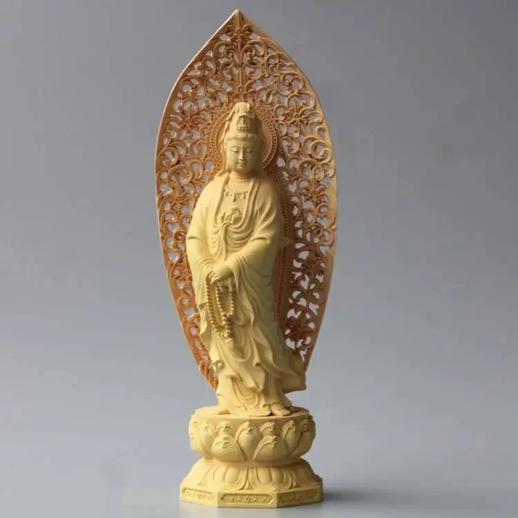 

GOOD Avalokitesvara Asia HOME Spiritual protection Bless family # Handmade Yellow pear wood carving Lotus Guanyin Buddha statue