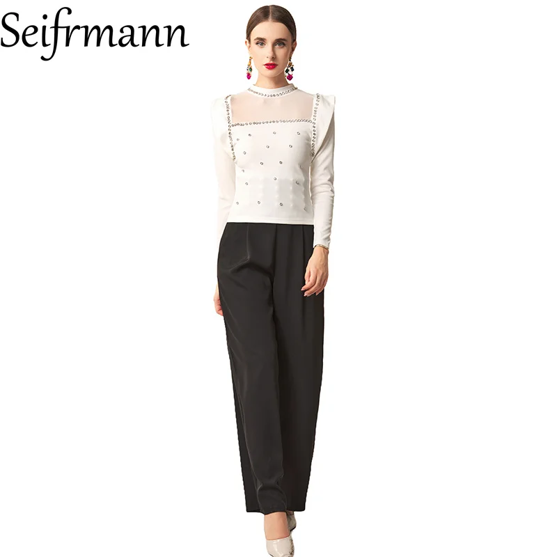 

Seifrmann 2026 Summer Women's New Fashion Stand up Collar Long Sleeve Nail Beaded Top+Wide Leg Pants Two Piece Set