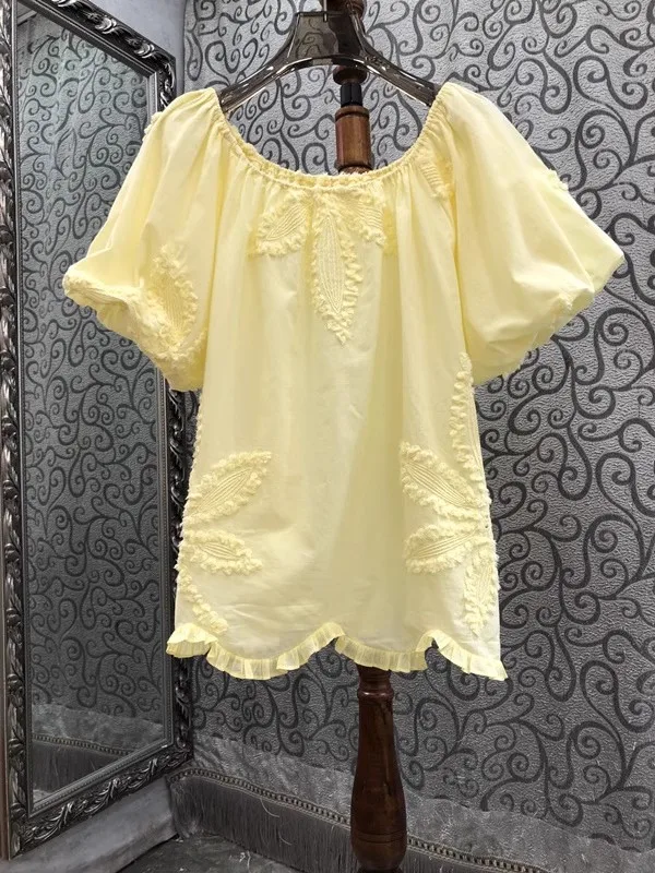 

2024 Summer Fashion Blouses High Quality Ladies Sexy Slash Neck Lantern Sleeve Flower Patterns Casual Loose Tops Yellow Blouse