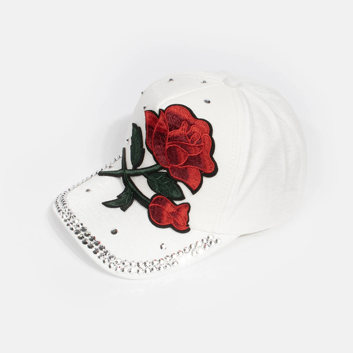 Damen Vintage Baseballkappe mit Großer Rosen-Dekoration Strass-Verzierung Modische Mütze Elegante Rosenblüten-Krone Kopfbedeckung Caps – Detail 15