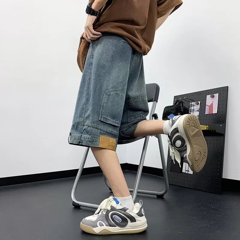 

American High Street Counterintuitive Blue Jeans Men's Short Pants Summer Trendy Design Sense Five-Quarter Pants Straight Leg...