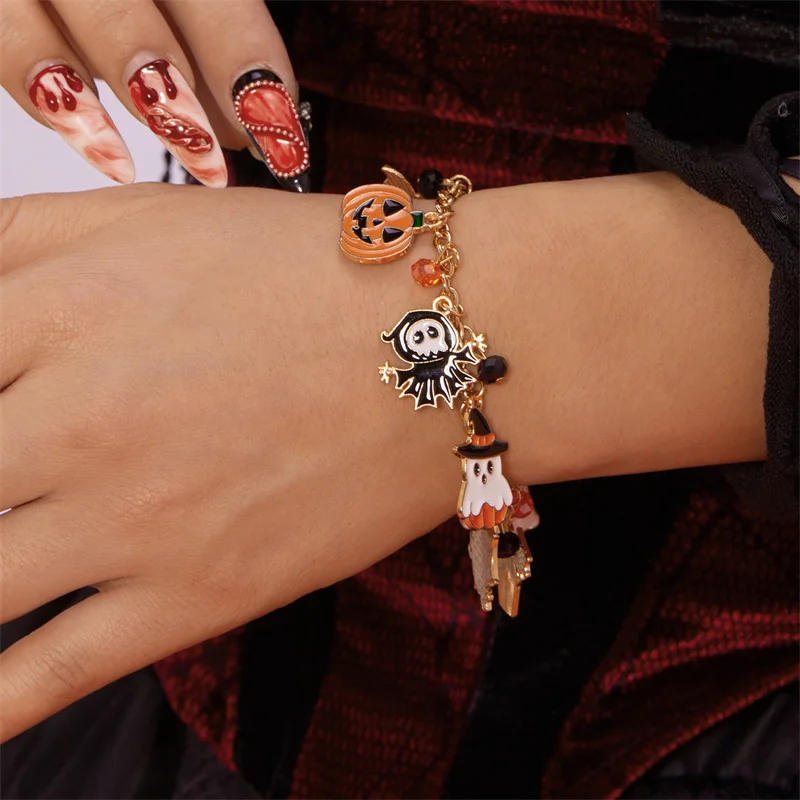 Cartoon Halloween funny Ghost Bracelet for Women Cute Pumpkin Spider Bats Crystal Elastic Chain Trick or treat Jewelry Gift