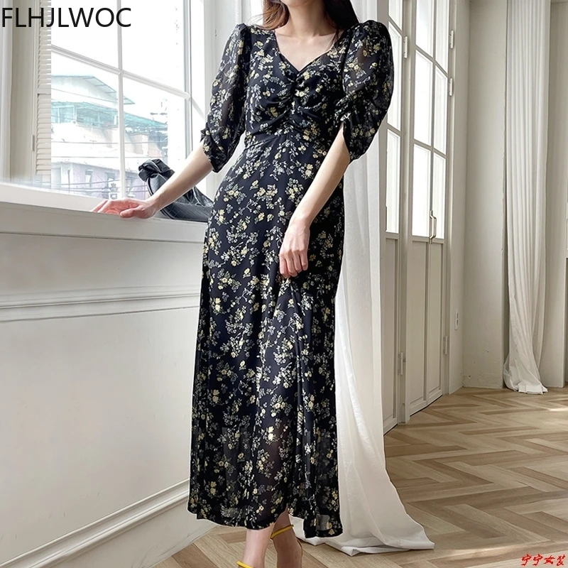 Schicke koreanische Kleidung Design Sommer Frauen V-Ausschnitt Japan Mädchen Datum schwarz Chiffon drapiert Blumen druck Retro Vintage lange Maxi kleid