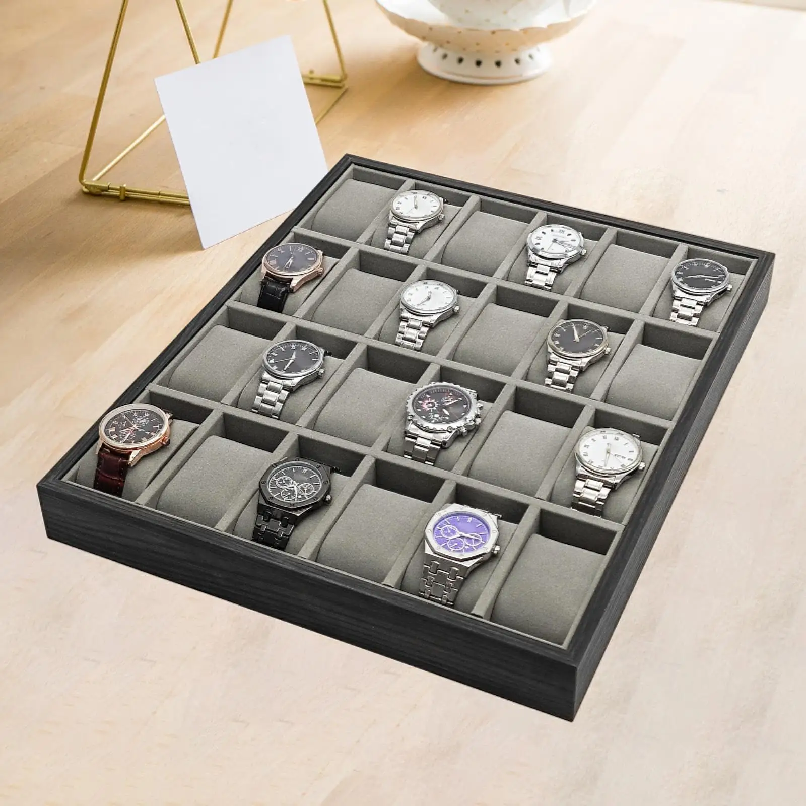 

Wood Watch Display Case with 24 Grid Jewelry Organizer Accessory Multipurpose with Removable Pillows Lightweight Velvet Lined
