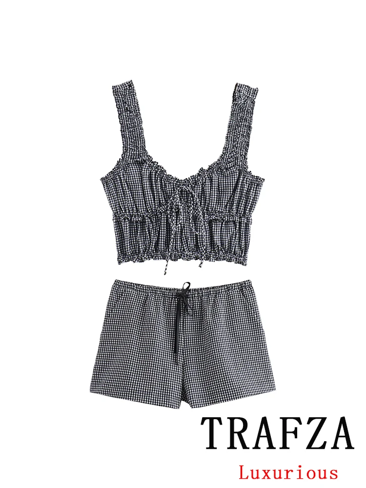 TRAFZA Vintage Casual Chic Women Suit Plaid Ruched Bow Sleeveless Cami Top Lace-up Loose Shorts New Fashion 2024 Summer Sets