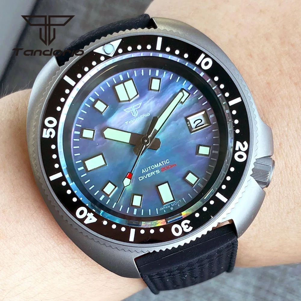 Tandorio jam tangan otomatis untuk pria, 44mm Titanium Dive NH35A pel tombol penyetel keramik kristal safir tanggal karet bercahaya