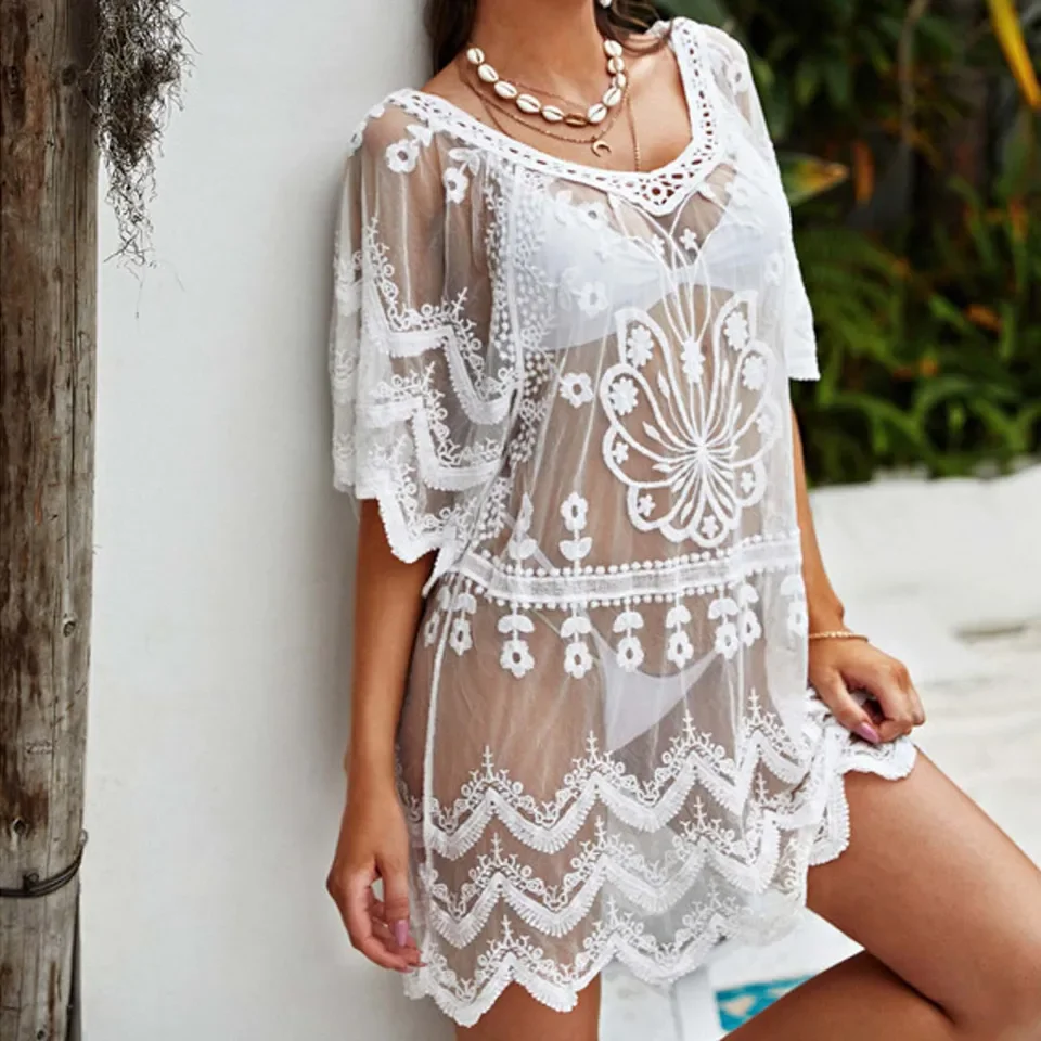 

Womens Beach Cover Ups Loose Mid Length Dresses Water Soluble Transparent Lace Shirt Bikini Cover Ups Trajes De BañO Mujer